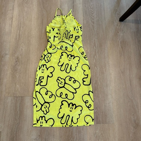 Lazy Oaf Butterfly Novelty Print Cut Out Midi Dress Neon Yellow Sz 2 Art to Wear - Picture 9 of 14